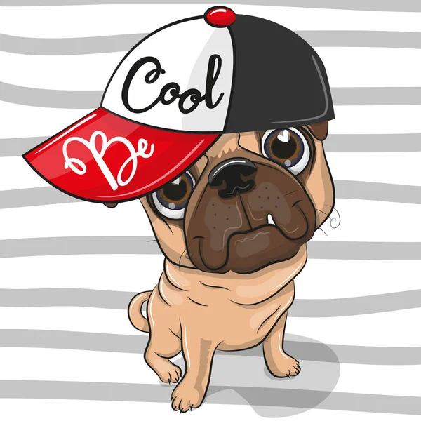 Cão Bonito Dos Desenhos Animados Pug Com Uma Tampa Vermelha — Vetor de Stock