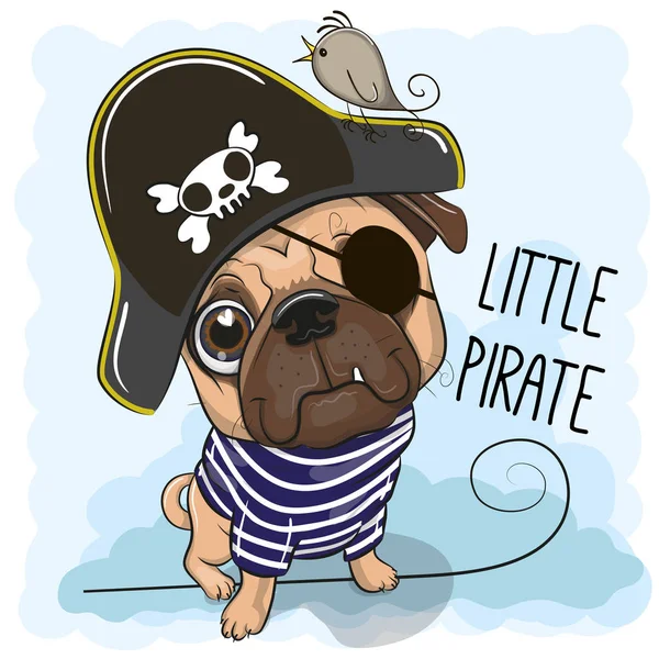 Carino Cartone Animato Pug Dog Cappello Pirata — Vettoriale Stock