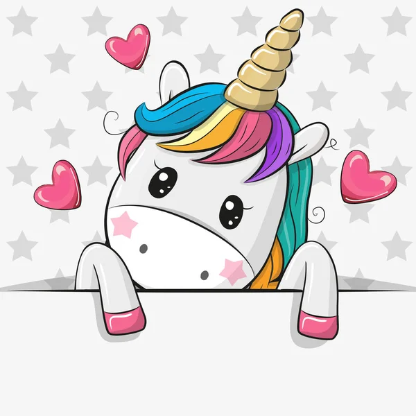 Cute Cartoon Unicorn Memegang Plakat Pada Latar Belakang Bintang - Stok Vektor