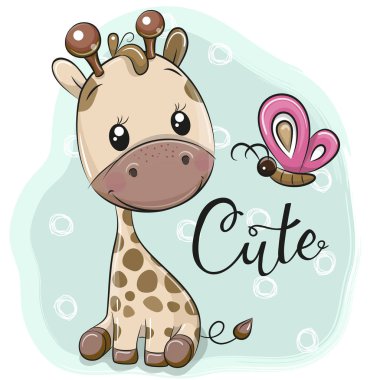 Cute Cartoon Giraffe and butterfly on a blue background clipart