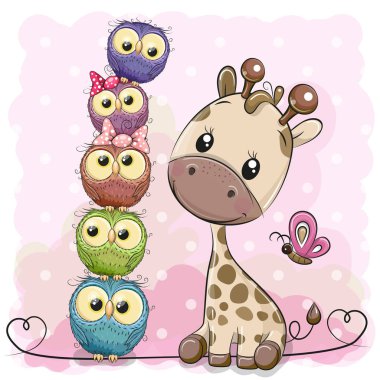Sevimli çizgi film zürafayı ve pembe bir arka plan üzerinde baykuş