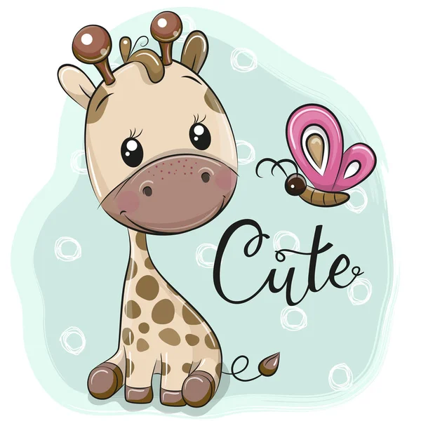 Cute Cartoon Żyrafa Motyl Niebieskim Tle — Wektor stockowy