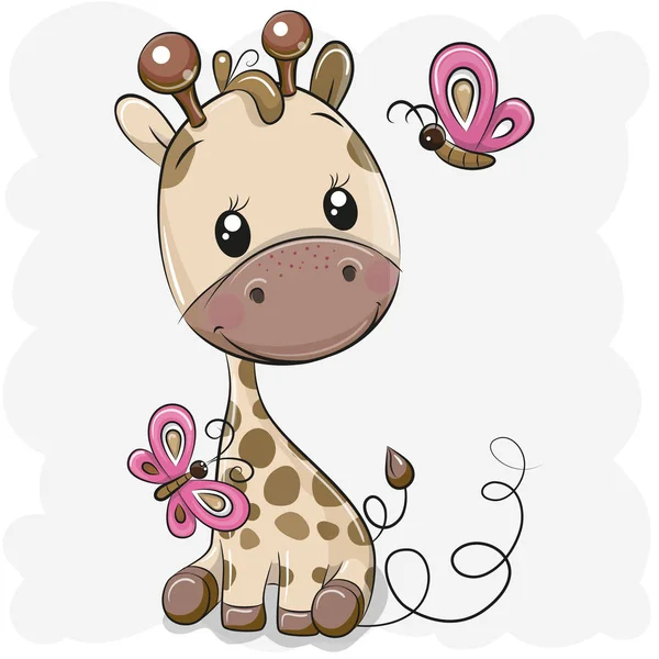 Cute Cartoon Giraffe Butterflies White Background — Stock Vector