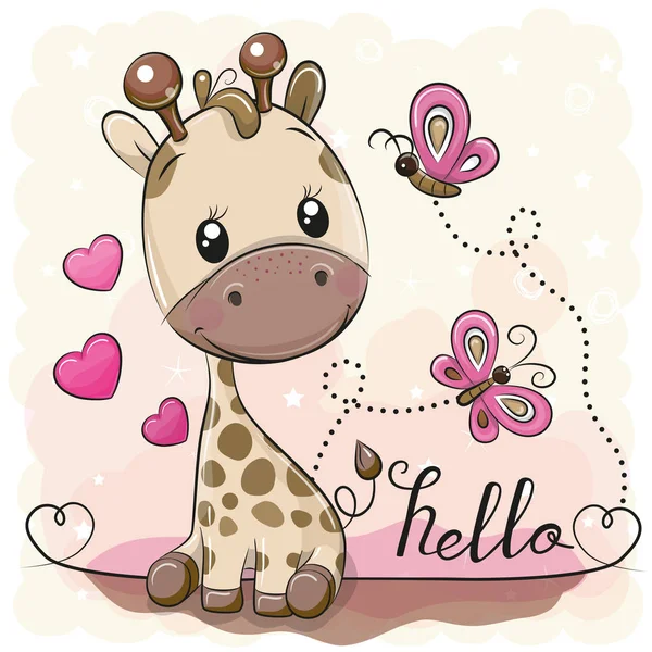 Girafe Dessin Animé Mignon Avec Des Coeurs Des Papillons — Image vectorielle