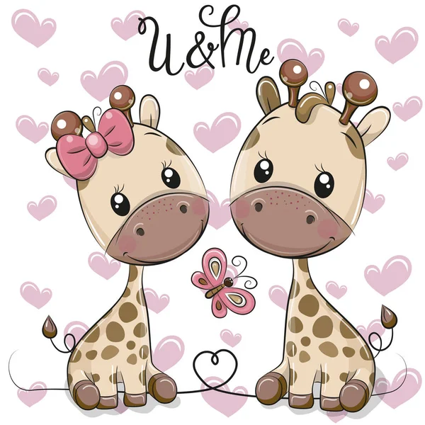 Two Cute Cartoon Giraffes Hearts Background — Stock Vector