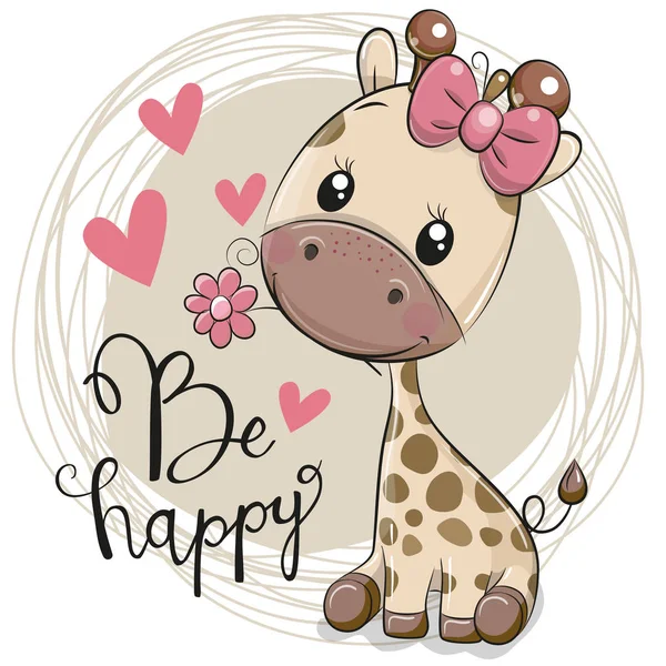 Cartão Saudação Girafa Bonito Dos Desenhos Animados Com Flor — Vetor de Stock