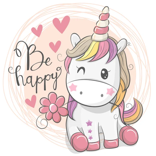 Tarjeta Felicitación Con Lindo Unicornio Dibujos Animados Con Flor — Vector de stock