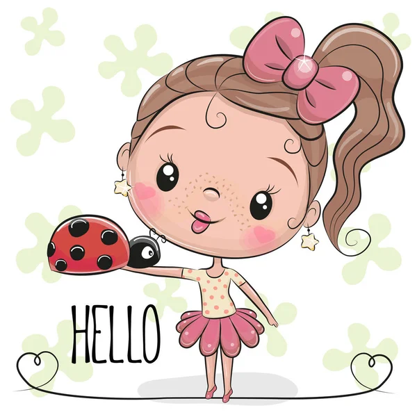 Cute Cartoon Girl Ladybug Flowers Background — стоковый вектор