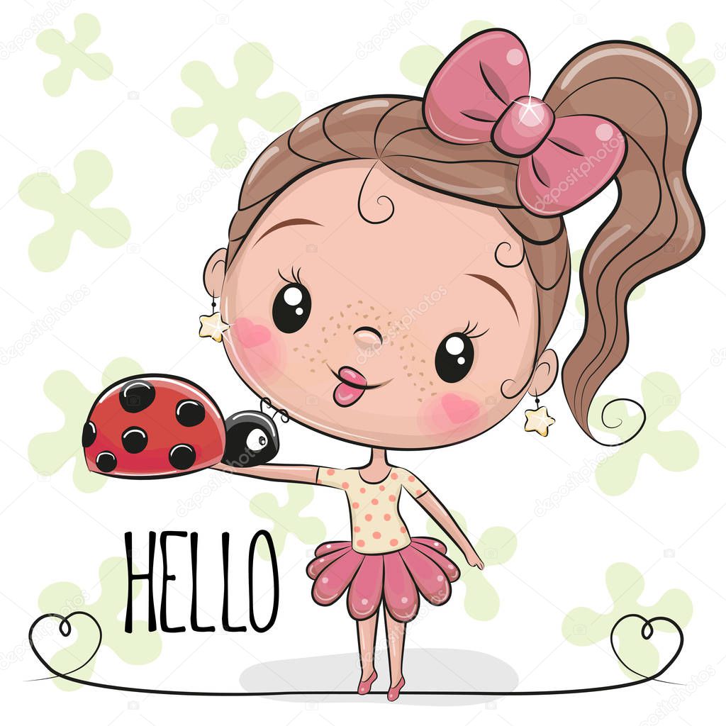 Cute Cartoon Girl with ladybug on a flowers background background
