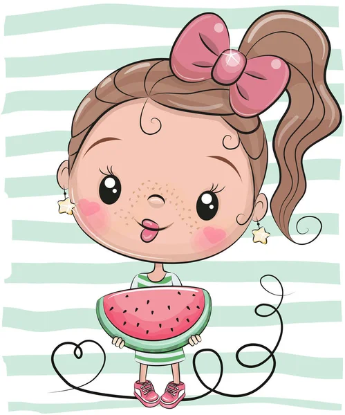 Schattige Cartoon Meisje Met Watermeloen Gestreepte Achtergrond — Stockvector