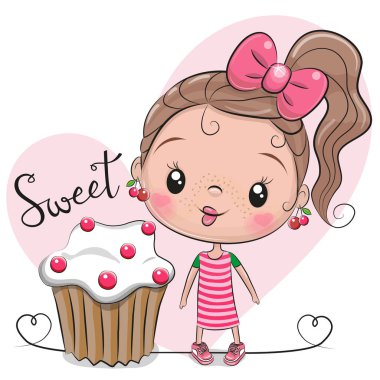 Tebrik kartı sevimli çizgi film kız pasta ile