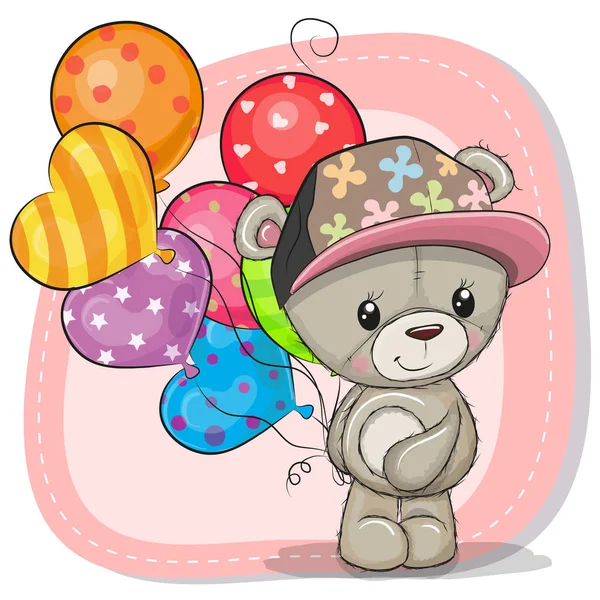 Carte Souhaits Bande Dessinée Mignonne Ours Peluche Avec Ballons — Image vectorielle