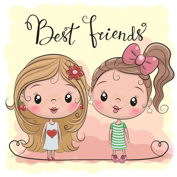 Two Friends Cute Cartoon Girls Yellow Background — Stock Vector