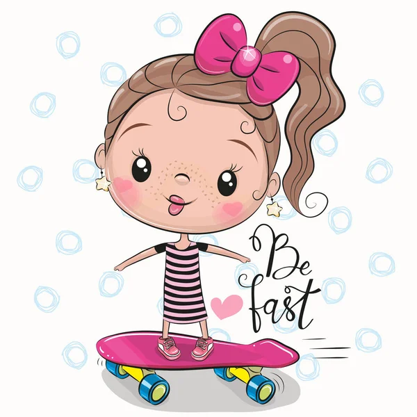 ピンクの弓とスケート ボードとかわいい女の子 — ストックベクタ