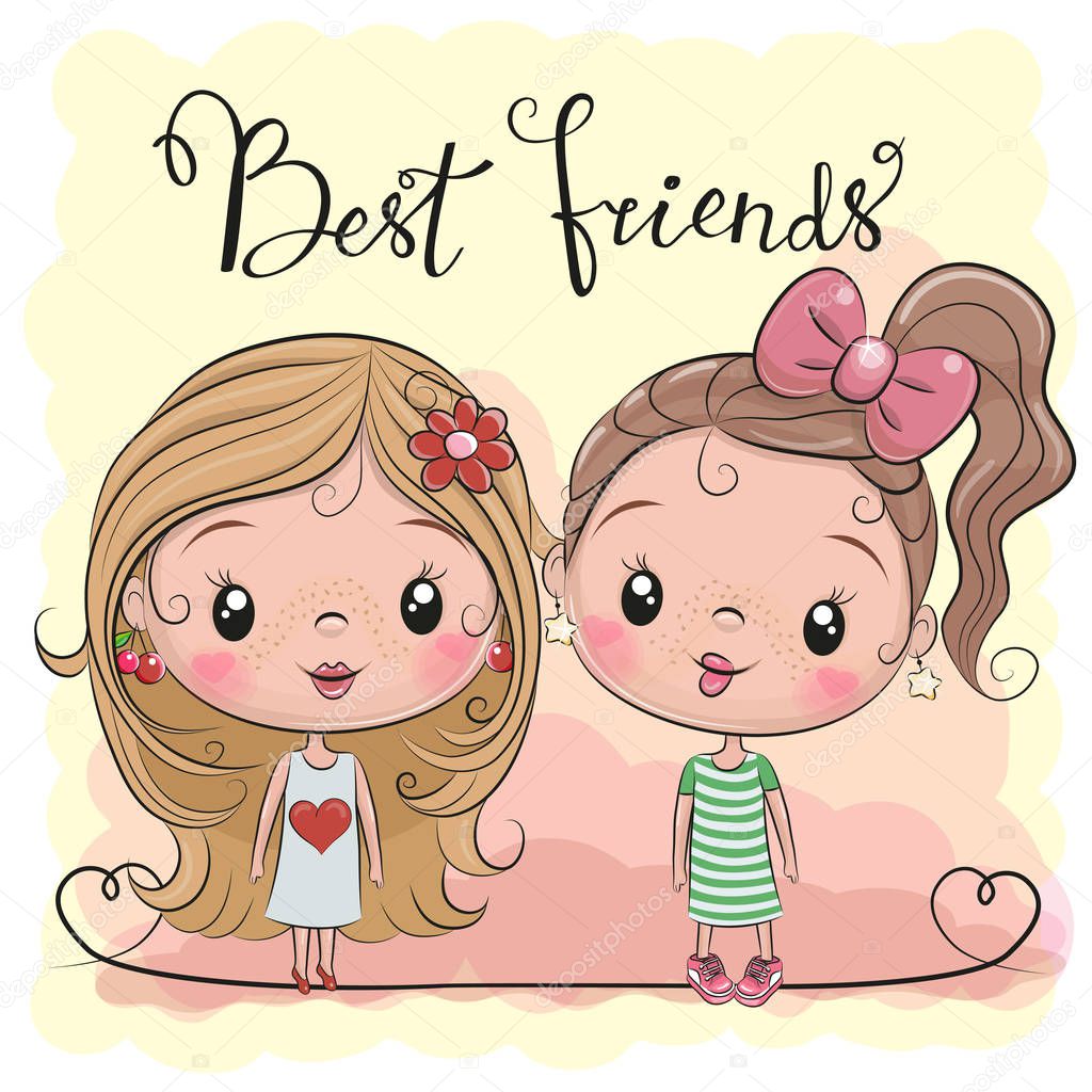 Two friends Cute cartoon girls on a yellow background
