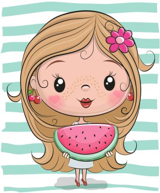 Cute Cartoon Girl with watermelon on striped background clipart
