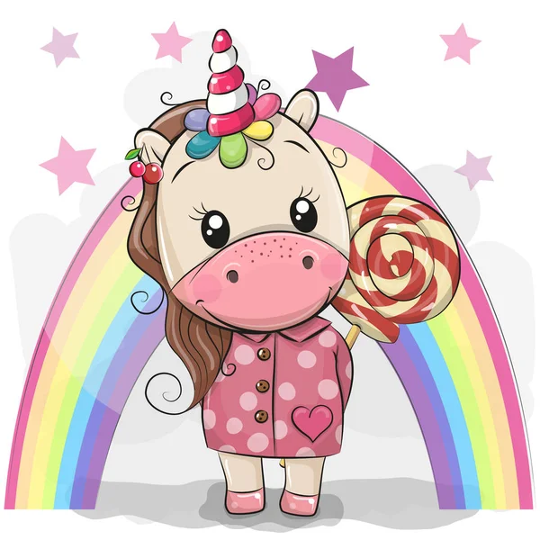 Schattige Cartoon Unicorn Jas Met Lollipop Achtergrond Van Een Regenboog — Stockvector