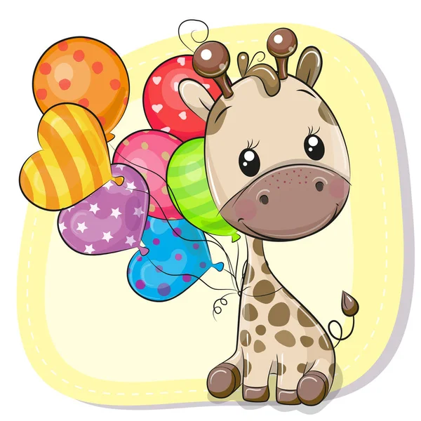Cartão Saudação Girafa Dos Desenhos Animados Bonito Com Balão — Vetor de Stock