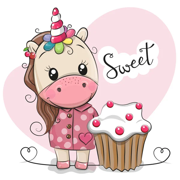 Tarjeta Felicitación Lindo Unicornio Dibujos Animados Con Pastel — Vector de stock