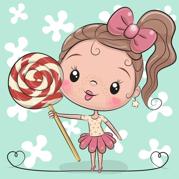 Schattige Cartoon Meisje Met Lollipop Een Blauwe Achtergrond — Stockvector