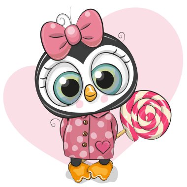 Sevimli çizgi film penguen bir ceket ve lolipop