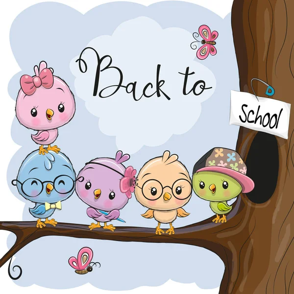 Vijf Cute Cartoon Vogels Tak — Stockvector