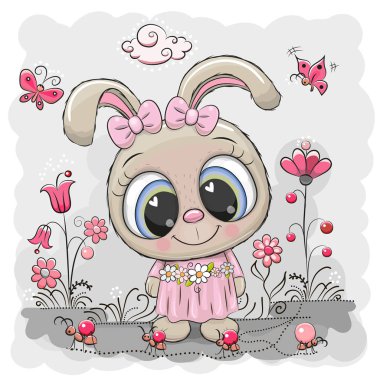 Sevimli çizgi tavşan kız bir çayır çiçekler ve kelebekler üzerinde