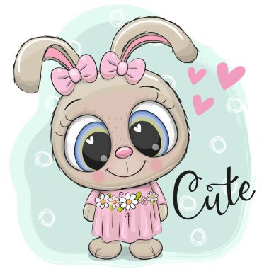 Sevimli çizgi film tavşan kız mavi bir arka plan üzerinde