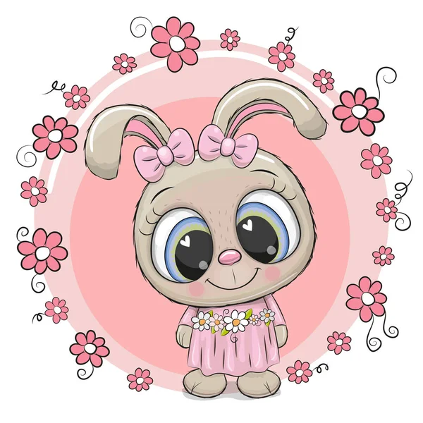 Wenskaart Cute Cartoon Konijn Met Bloemen — Stockvector