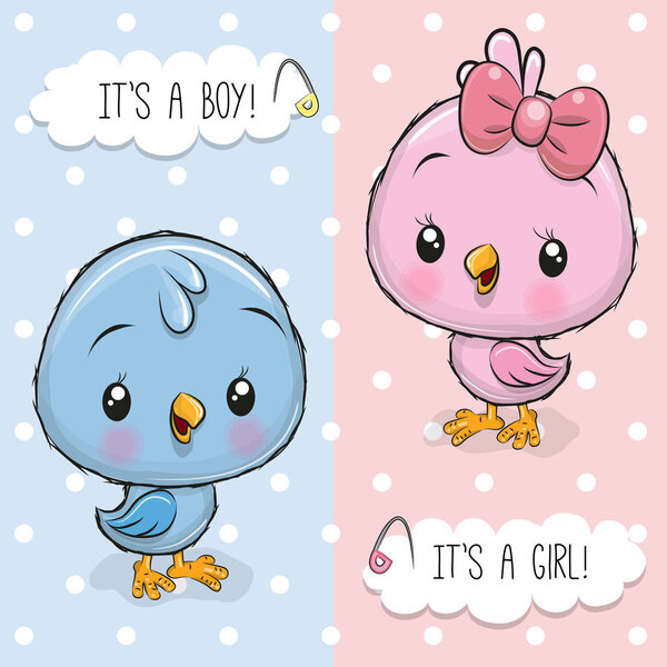 Baby Shower greeting card with Cute Birds boy and girl