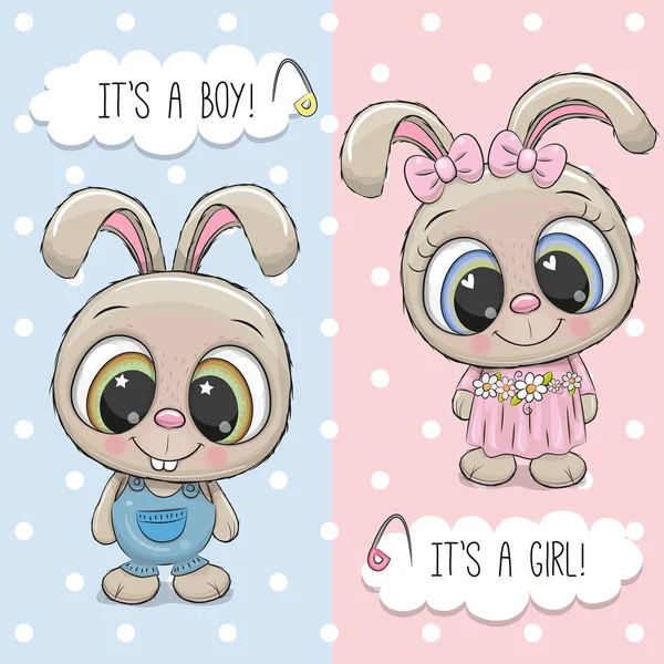 かわいいウサギの男の子と女の子の赤ちゃんシャワー グリーティング カード — ストックベクタ
