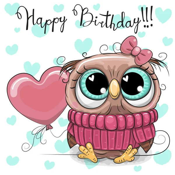 Carte Anniversaire Voeux Mignonne Cartoon Owl Girl Avec Ballon — Image vectorielle