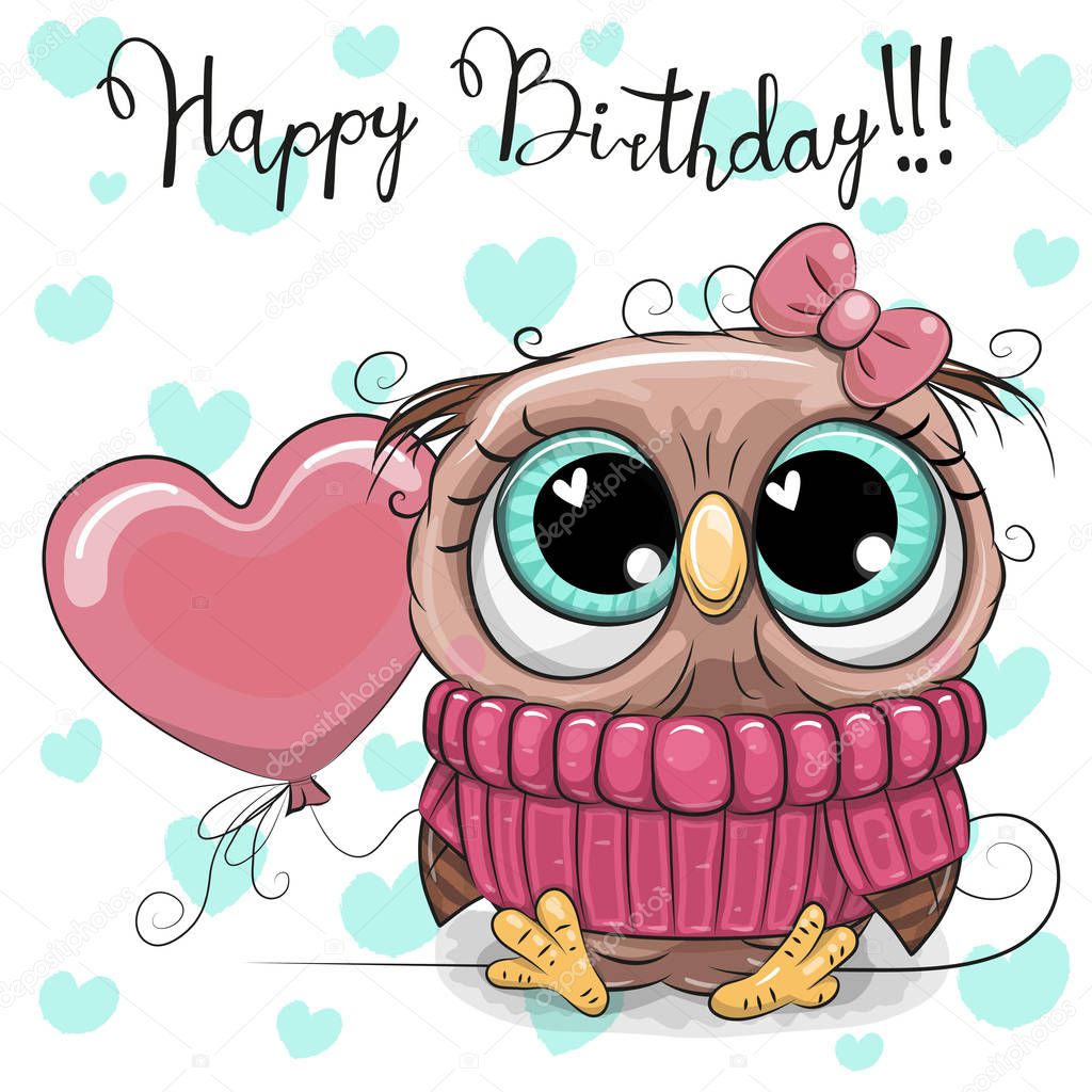 Greeting Birthday Card Cute Cartoon Owl Girl with a balloon