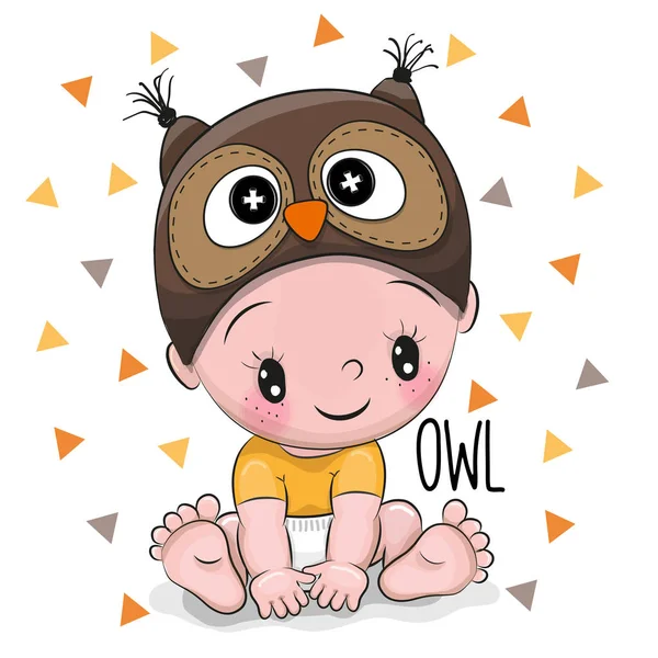 Mignon Dessin Animé Bébé Garçon Dans Chapeau Hibou Sur Fond — Image vectorielle