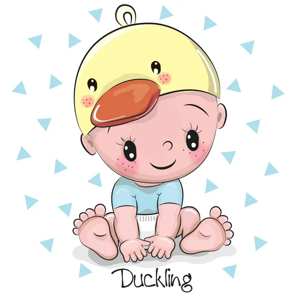 Cute Cartoon Baby Boy Duckling Hat White Background — Stock Vector