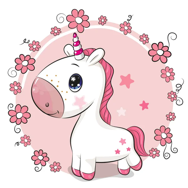 Carino Cartone Animato Unicorno Uno Sfondo Fiori — Vettoriale Stock