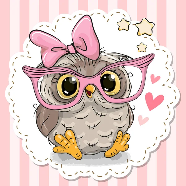 可爱的卡通猫头鹰粉红色的眼镜与弓 — 图库矢量图片
