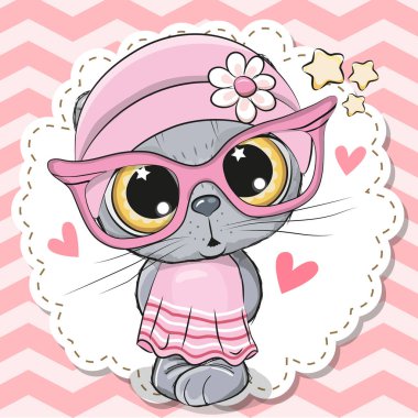 Sevimli çizgi kedi kız bir yay ile pembe gözlük