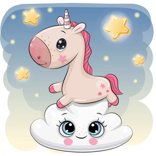 Cute Cartoon Unicorn Lying Cloud — Stock Vector