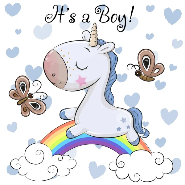 Tarjeta Felicitación Ducha Bebé Con Lindo Niño Unicornio Dibujos Animados — Vector de stock