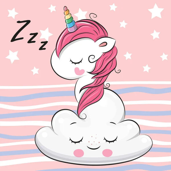 Lindo Unicornio Dibujos Animados Está Durmiendo Nube — Vector de stock