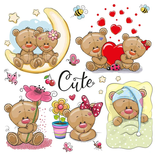 Zestaw Cute Cartoon Teddy Bear Białym Tle — Wektor stockowy