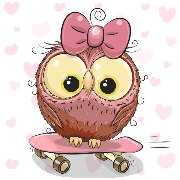 Söt Tecknad Owl Tjej Med Rosett Skateboard — Stock vektor