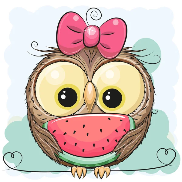 Cute Cartoon Owl Girl Watermelon Green Background — Stock Vector