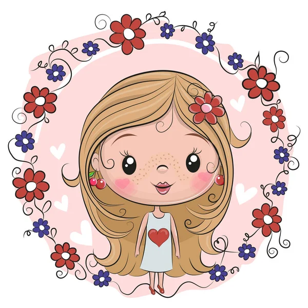 花の背景にかわいい漫画の女の子 — ストックベクタ