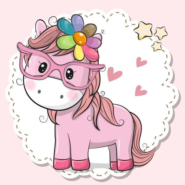 Cute Kartun Horse Gadis Dalam Kacamata Merah Muda - Stok Vektor
