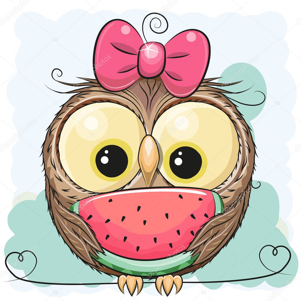 Cute Cartoon Owl girl with watermelon on a green background