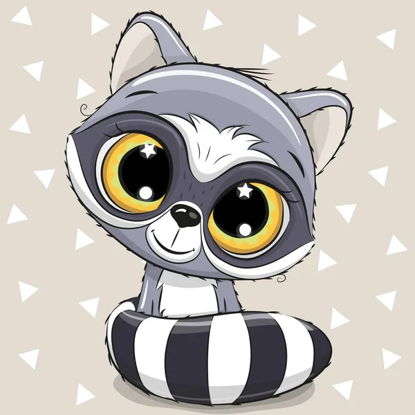 Cute Cartoon Raccoon Pada Latar Belakang Berwarna Krem - Stok Vektor