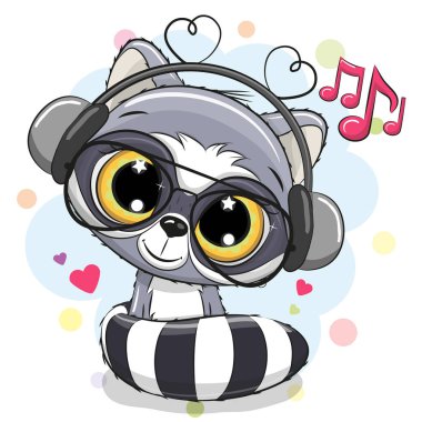 Beyaz bir arka plan üzerinde kulaklık ile sevimli çizgi film rakun