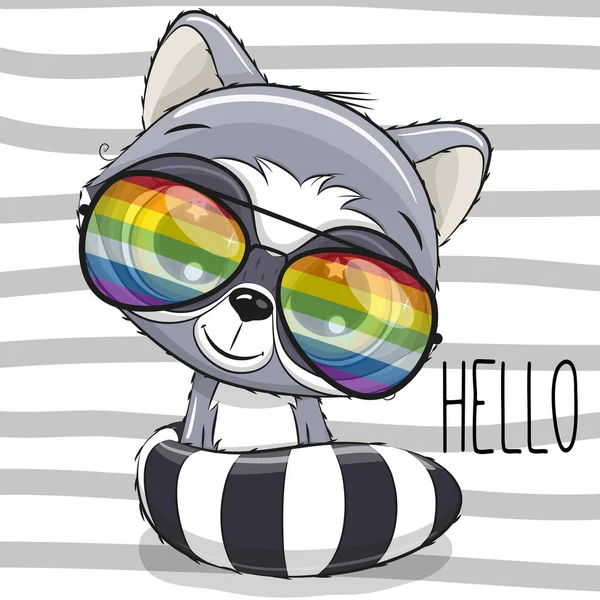 Cool Cartoon Lindo Mapache Con Gafas Sol Sobre Fondo Rayado — Vector de stock